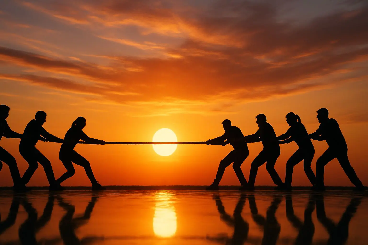 A dramatic sunset silhouette of two teams locked in a tug-of-war, symbolizing the struggle of overcoming toxic polarization through effort and unity.