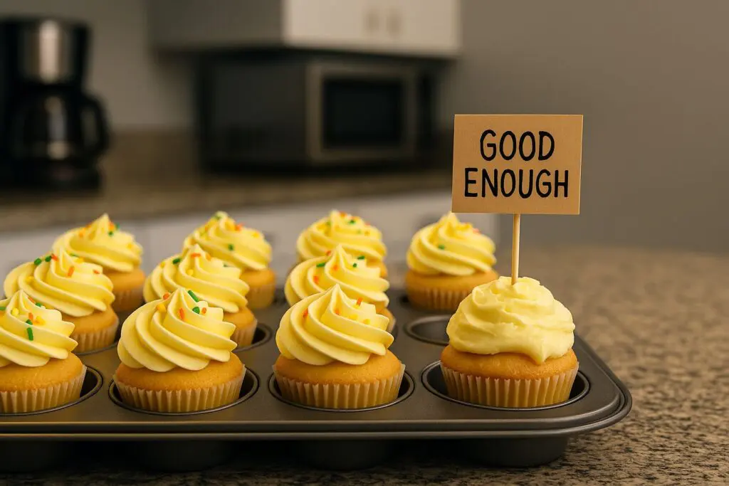 A tray of neatly decorated cupcakes in an office kitchen, with one noticeably messy cupcake labeled “Good Enough,” symbolizing the hidden cost of settling for good enough for work.