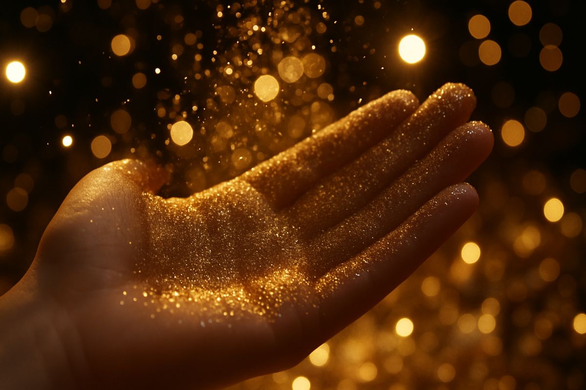Hand catching golden glimmers of light and glitter, symbolizing hope, positivity, and leadership moments.
