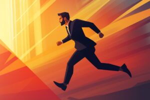 Business professional running toward golden light, symbolizing determination and growth in conflict resolution skills at work.