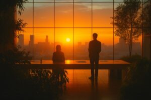 Two leaders stand in a modern glass office at sunrise overlooking a city skyline, symbolizing how seasoned leaders help emerging leaders become their best through mentorship and reflection.