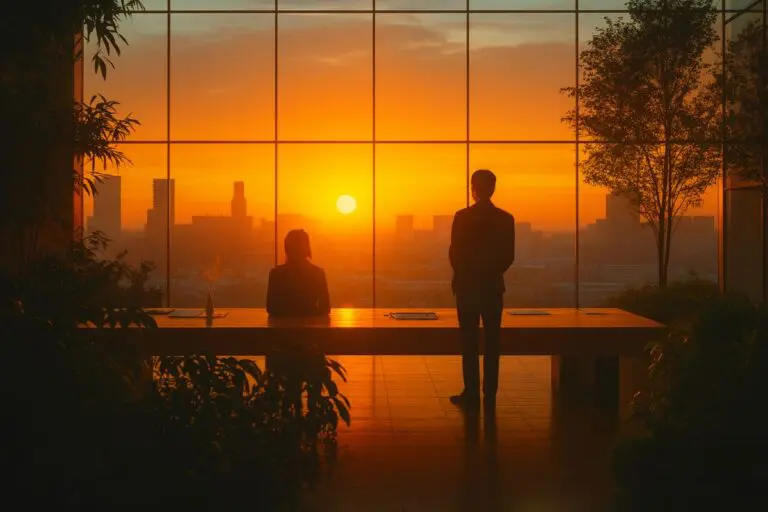 Two leaders stand in a modern glass office at sunrise overlooking a city skyline, symbolizing how seasoned leaders help emerging leaders become their best through mentorship and reflection.