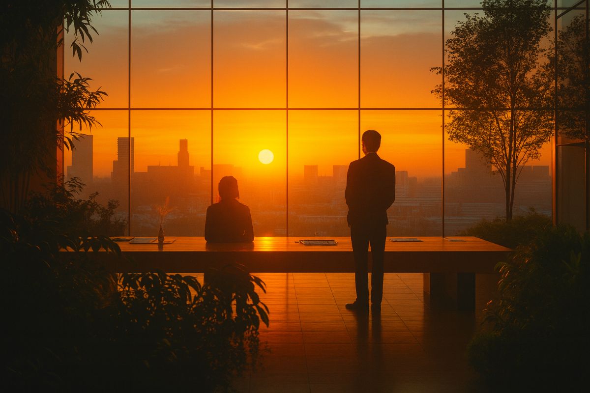 Two leaders stand in a modern glass office at sunrise overlooking a city skyline, symbolizing how seasoned leaders help emerging leaders become their best through mentorship and reflection.