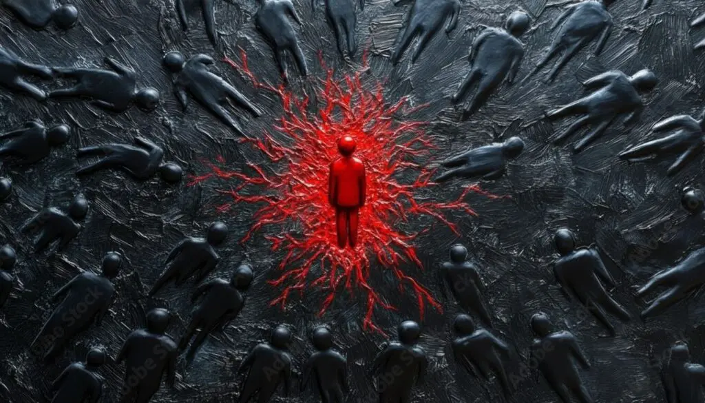 Feeling disconnected at work, a symbolic red figure surrounded by muted tones representing isolation and the path to reconnection.