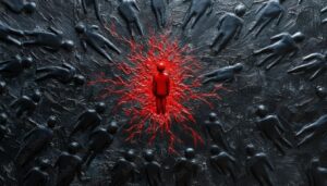 Feeling disconnected at work, a symbolic red figure surrounded by muted tones representing isolation and the path to reconnection.