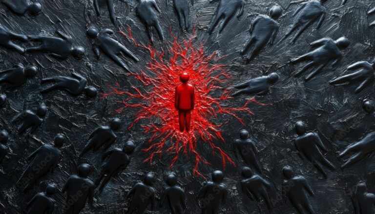 Feeling disconnected at work, a symbolic red figure surrounded by muted tones representing isolation and the path to reconnection.