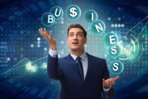 A professional man juggling glowing orbs symbolizing hypervigilance at work, set against a futuristic background of digital data and analytics.