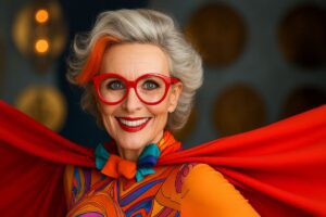 A confident woman in red glasses and a vibrant superhero outfit represents leadership development with confidence and authenticity.