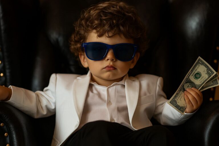 Young boy in white suit and blue sunglasses holding money, representing childhood wounds and leadership development.