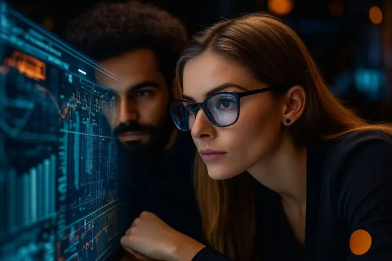 Two focused professionals studying complex data on a glowing digital screen, symbolizing the importance of head heart gut alignment in leadership decisions.