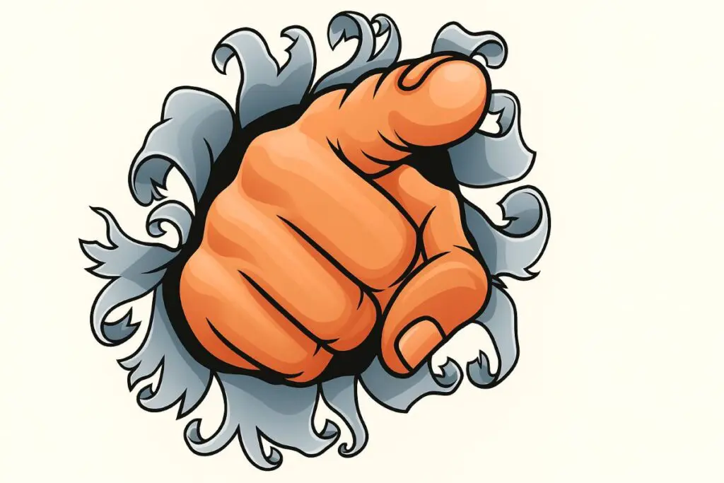 A cartoon-style hand pointing outward through torn paper, symbolizing authority and self-awareness in sounding like my parents at work.